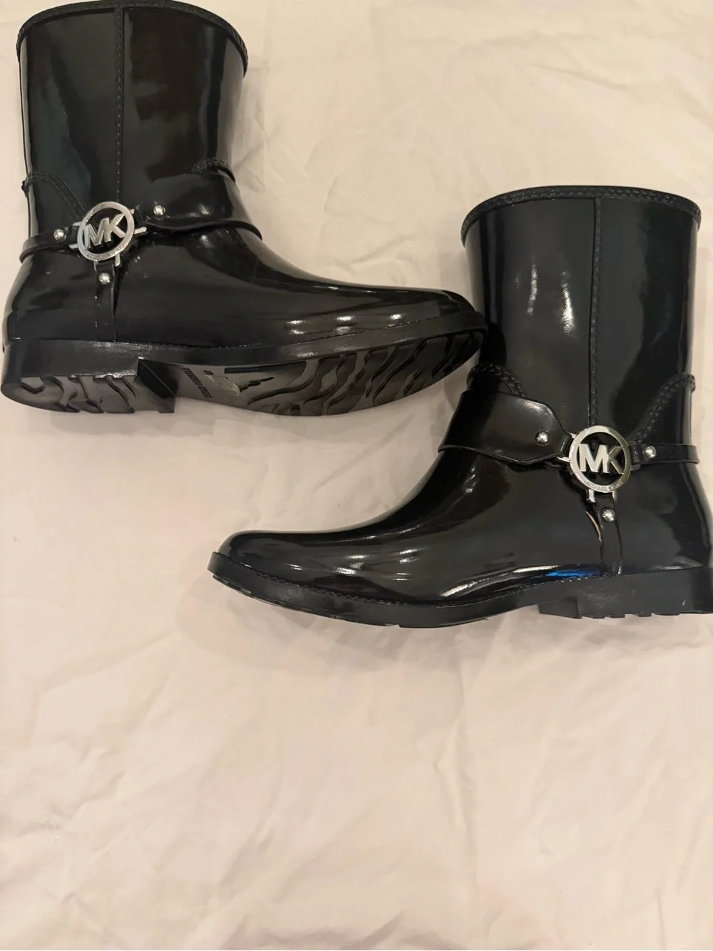 Michael Kors Glossy Black Mid-Calf Rain Boots with MK Detail